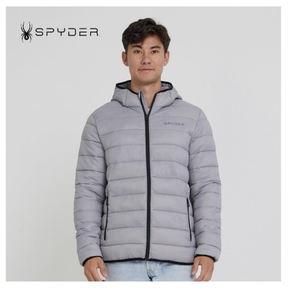 Spyder Packable Puffer Jacket Mens Medium Gray Hooded Coat HydroWEB ProWEB NWT